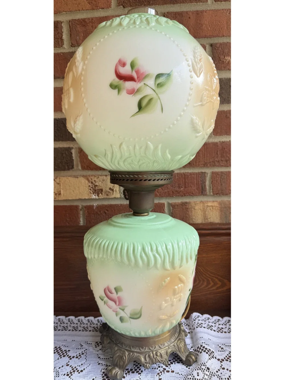 Vintage Hand-Painted Glass Hurricane Lamp with Floral and Wagon Motifs